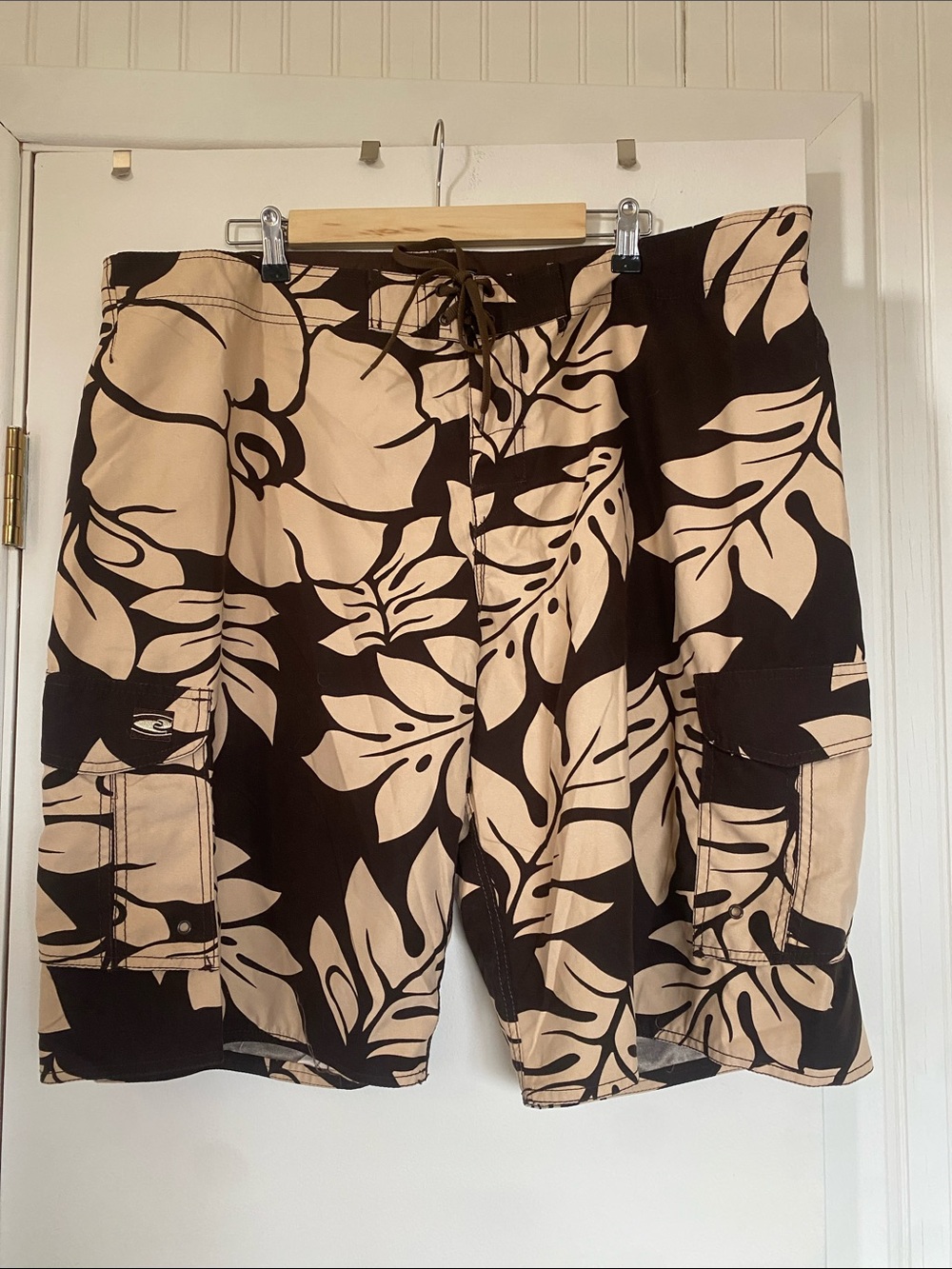 Men's Brown & Cream Floral Cargo Swim Board Shorts
